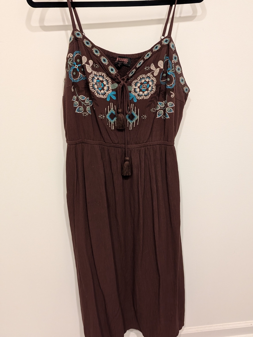 Shyanne Brown Midi Dress with Turquoise & Cream Embroidery